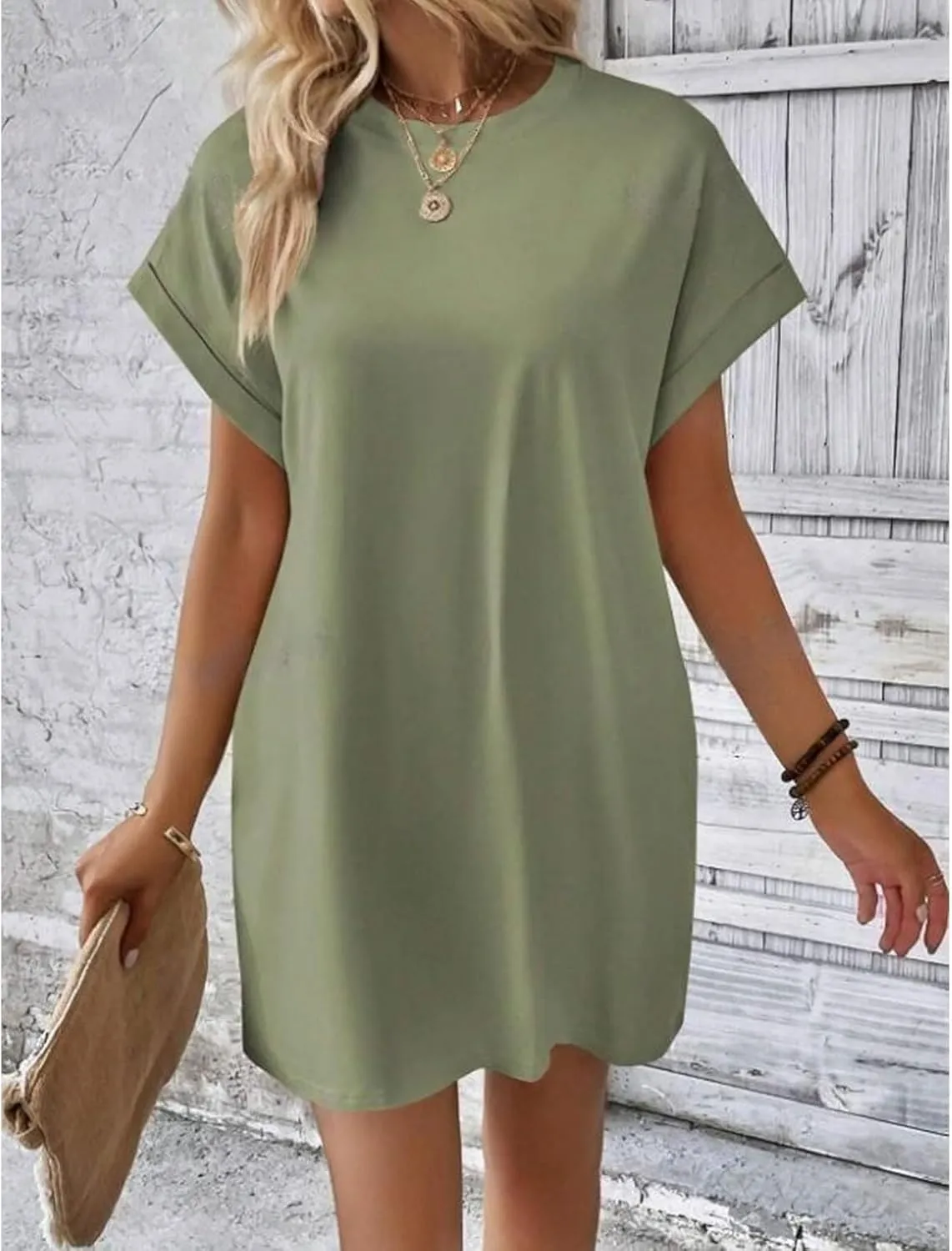Womens Casual Summer T Shirt Dress Short Sleeve Crewneck Loose Mini Sundress Solid Nightgown Dress with Pocket
