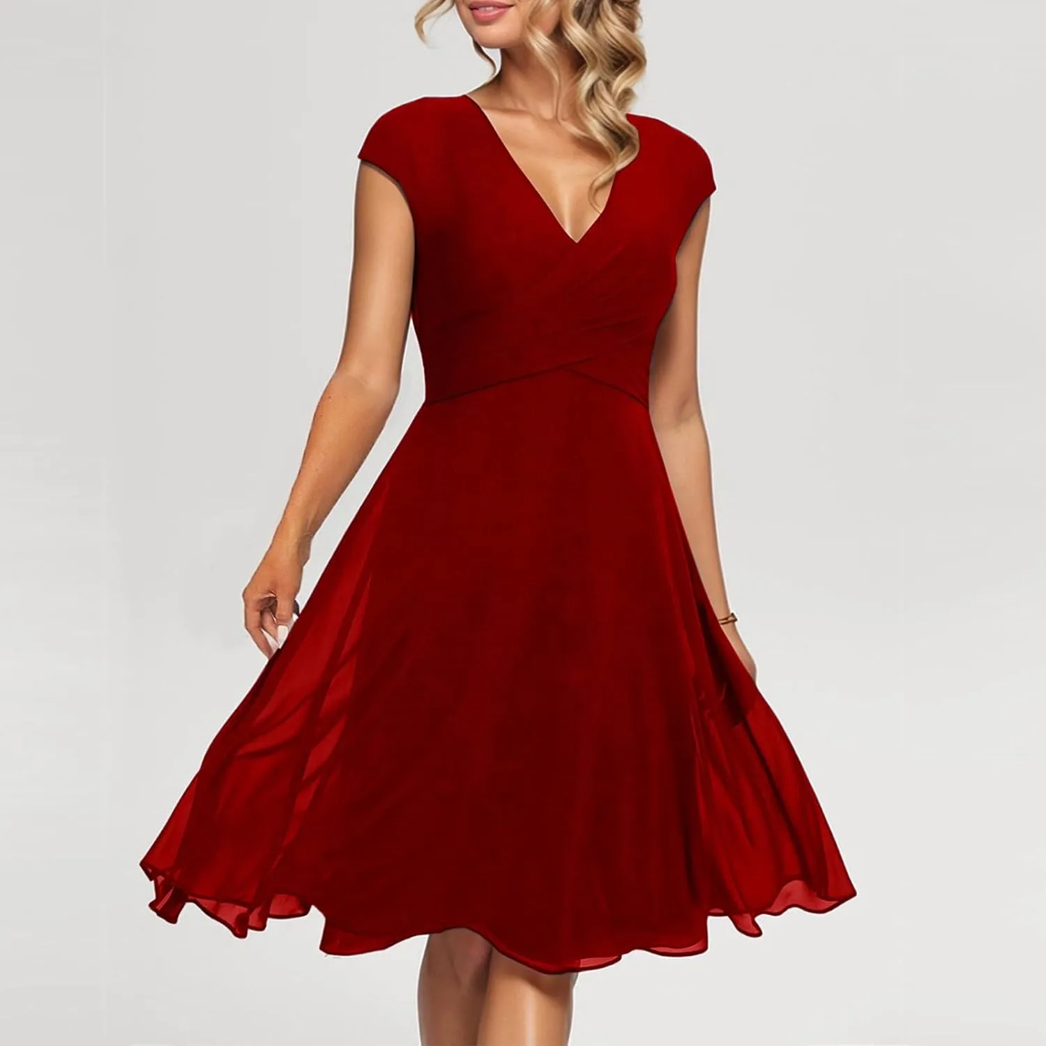 Women's Cocktail Dress Wrap V Neck Ruffle Short Sleeve A Line Work Formal Wedding Guest Midi Dress