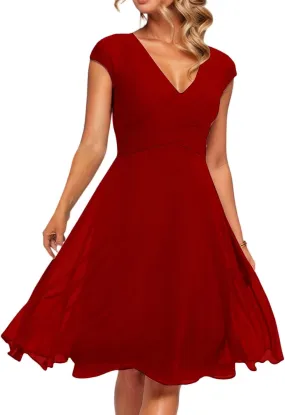 Women's Cocktail Dress Wrap V Neck Ruffle Short Sleeve A Line Work Formal Wedding Guest Midi Dress