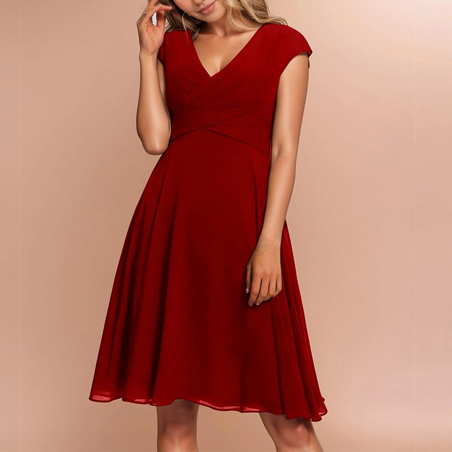 Women's Cocktail Dress Wrap V Neck Ruffle Short Sleeve A Line Work Formal Wedding Guest Midi Dress