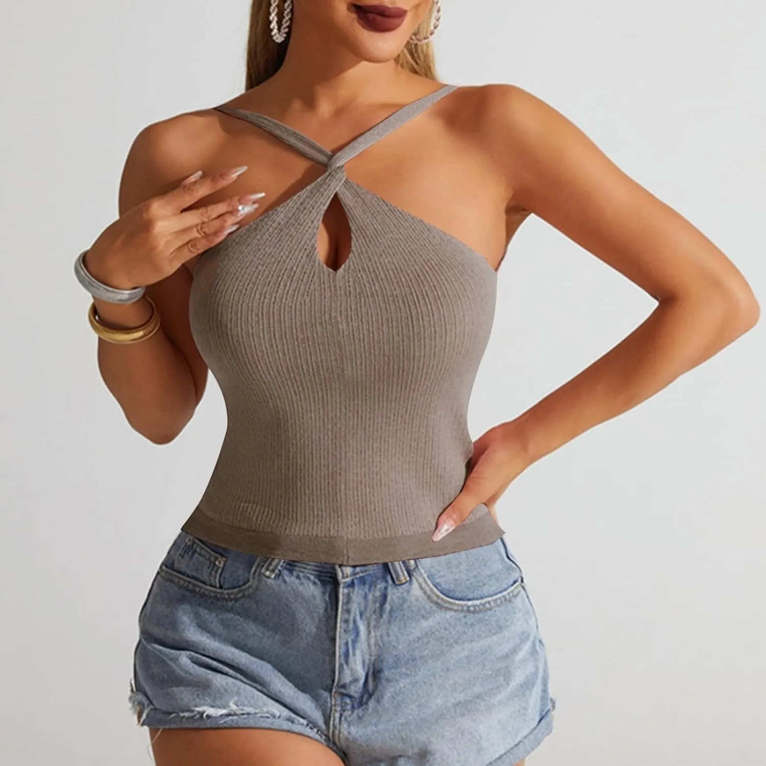 Women's Criss Cross Halter Crop Tops Sexy Keyhole Sleeveless Ribbed Knit Tank Top Summer Casual Slim Y2K Tank Tees