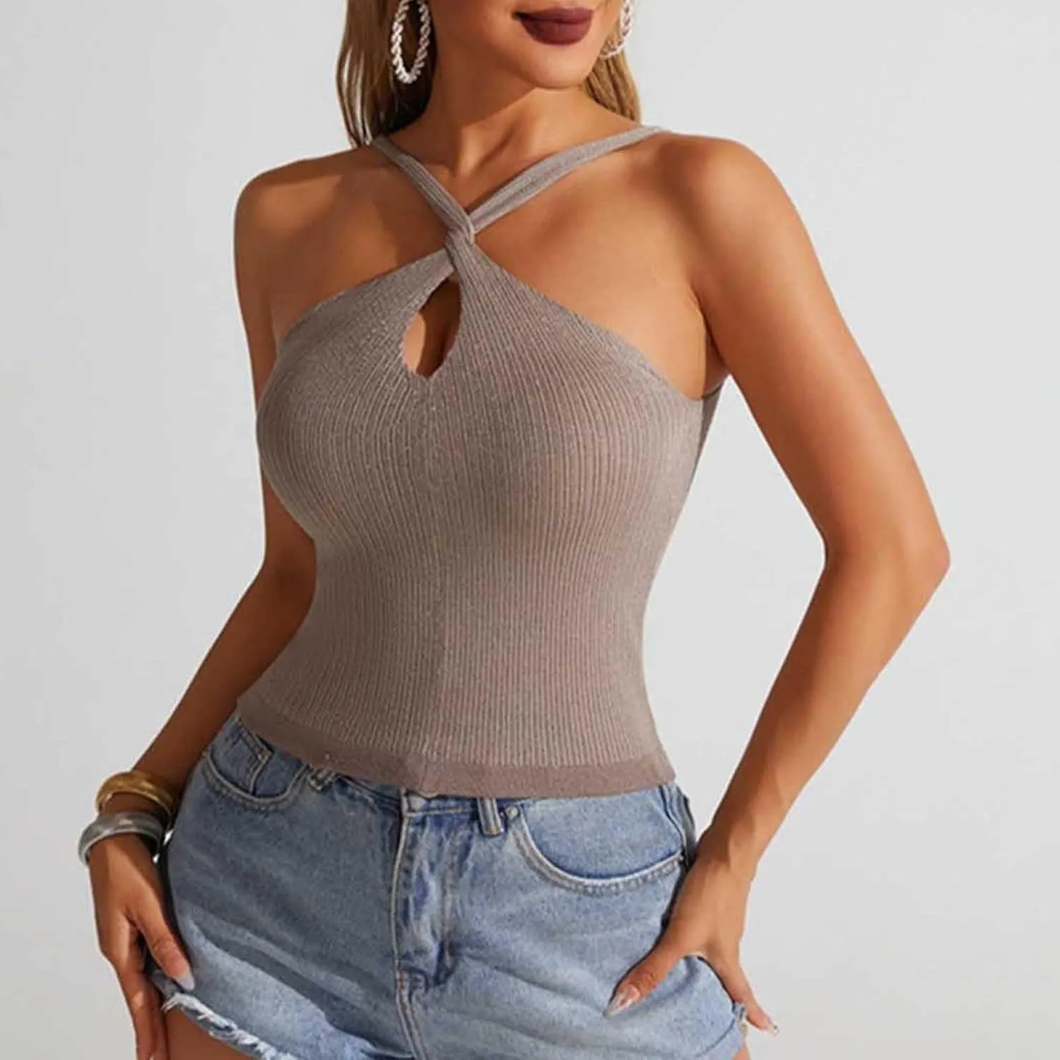 Women's Criss Cross Halter Crop Tops Sexy Keyhole Sleeveless Ribbed Knit Tank Top Summer Casual Slim Y2K Tank Tees