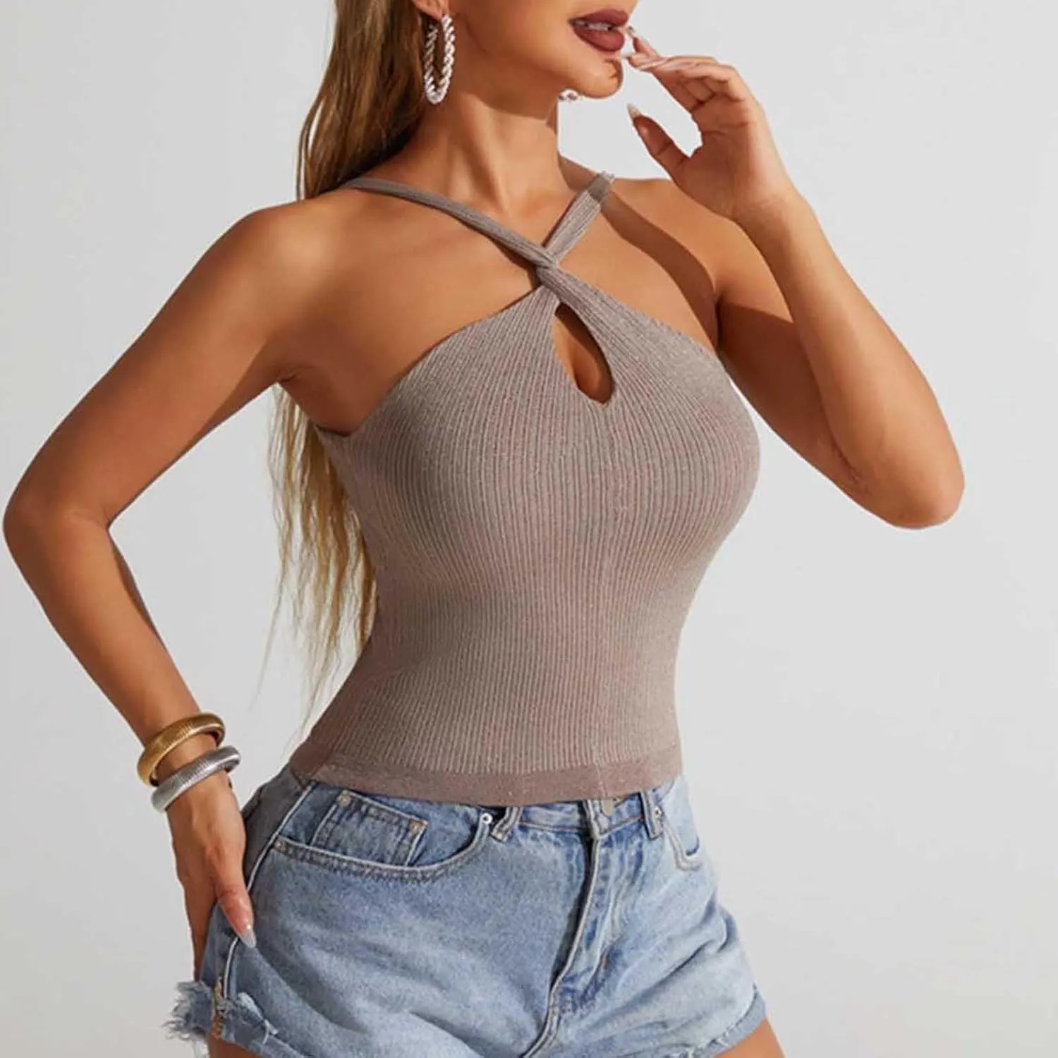 Women's Criss Cross Halter Crop Tops Sexy Keyhole Sleeveless Ribbed Knit Tank Top Summer Casual Slim Y2K Tank Tees