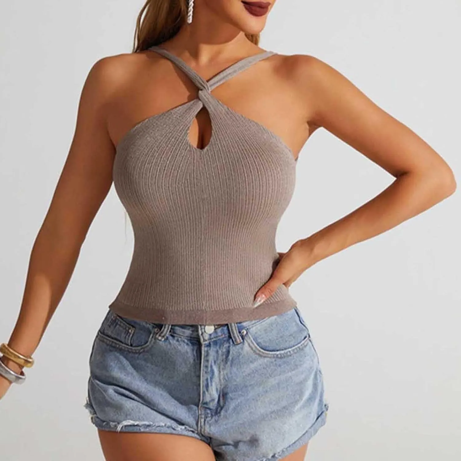 Women's Criss Cross Halter Crop Tops Sexy Keyhole Sleeveless Ribbed Knit Tank Top Summer Casual Slim Y2K Tank Tees