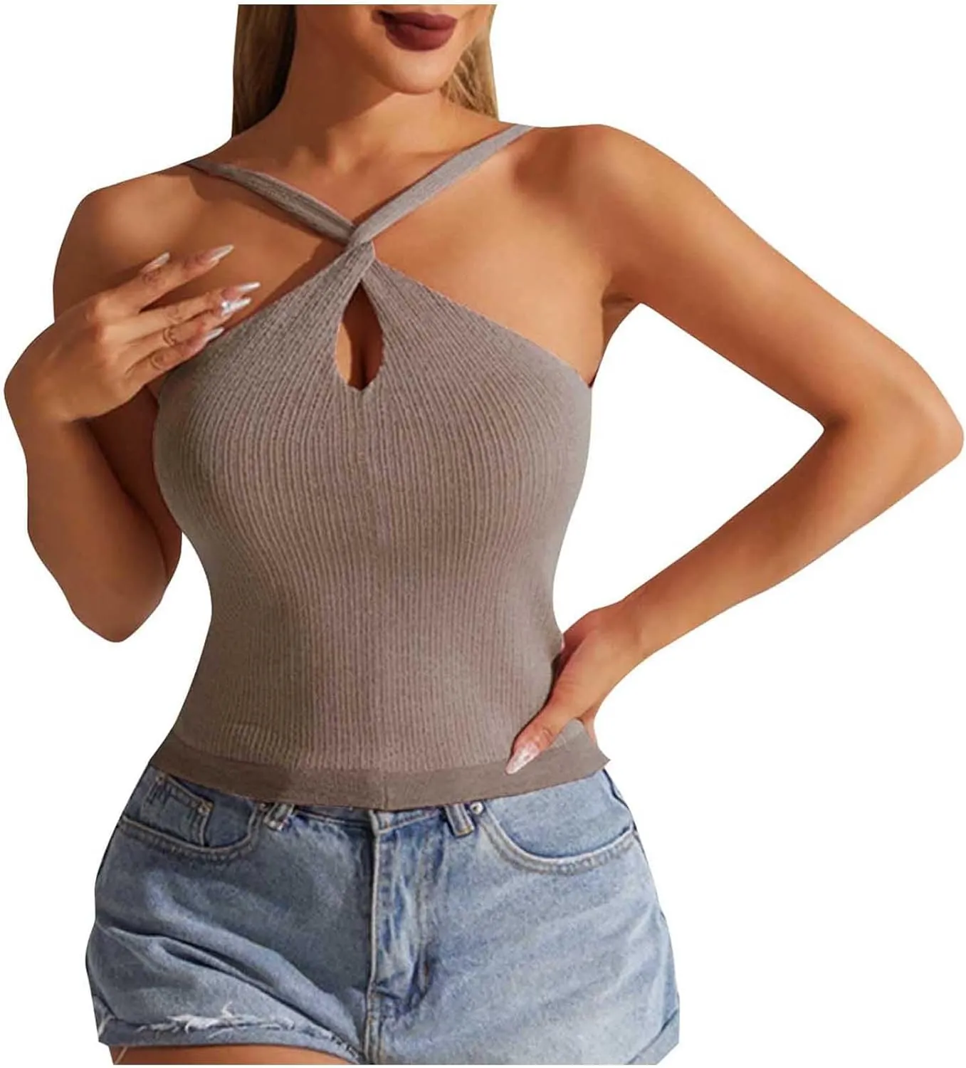 Women's Criss Cross Halter Crop Tops Sexy Keyhole Sleeveless Ribbed Knit Tank Top Summer Casual Slim Y2K Tank Tees