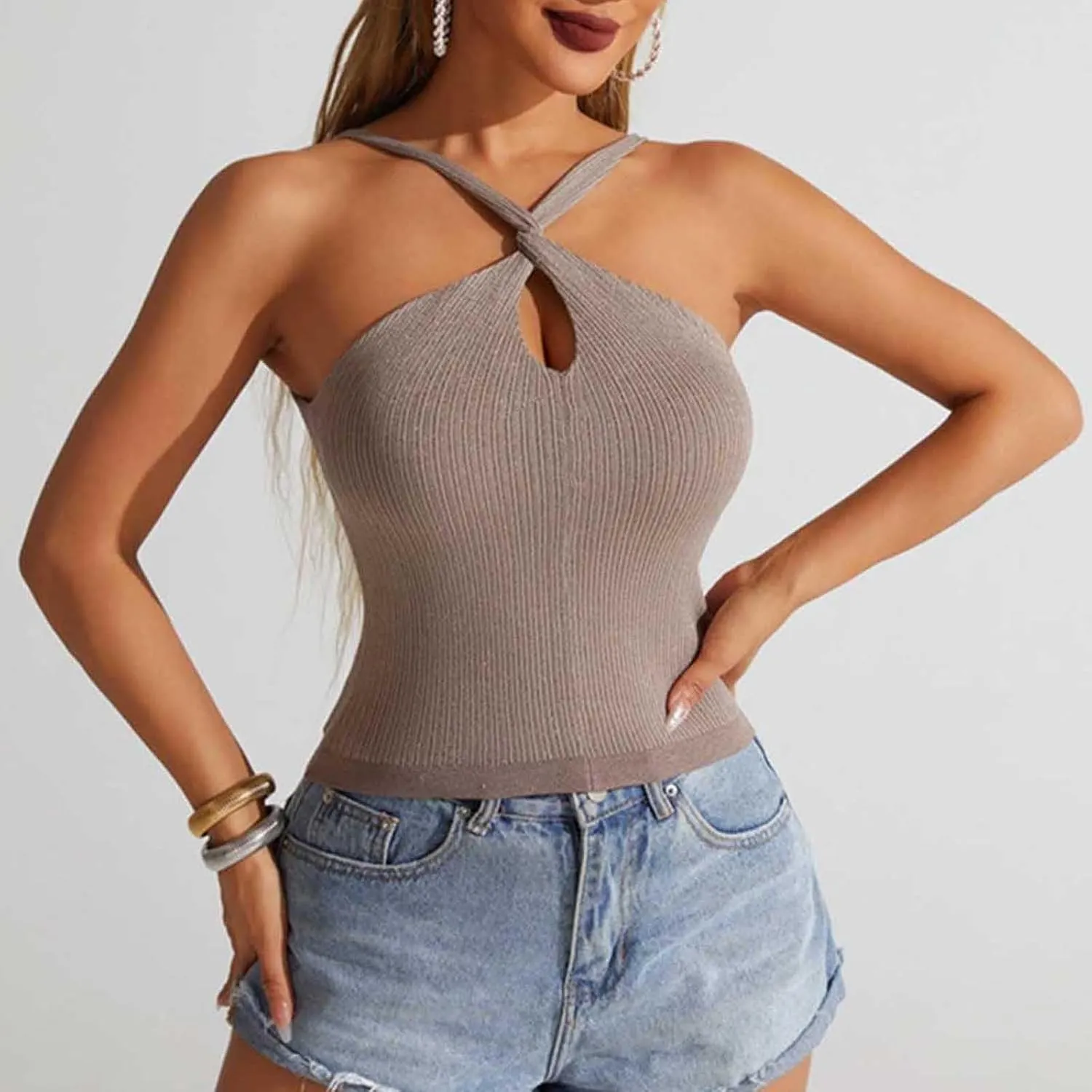Women's Criss Cross Halter Crop Tops Sexy Keyhole Sleeveless Ribbed Knit Tank Top Summer Casual Slim Y2K Tank Tees