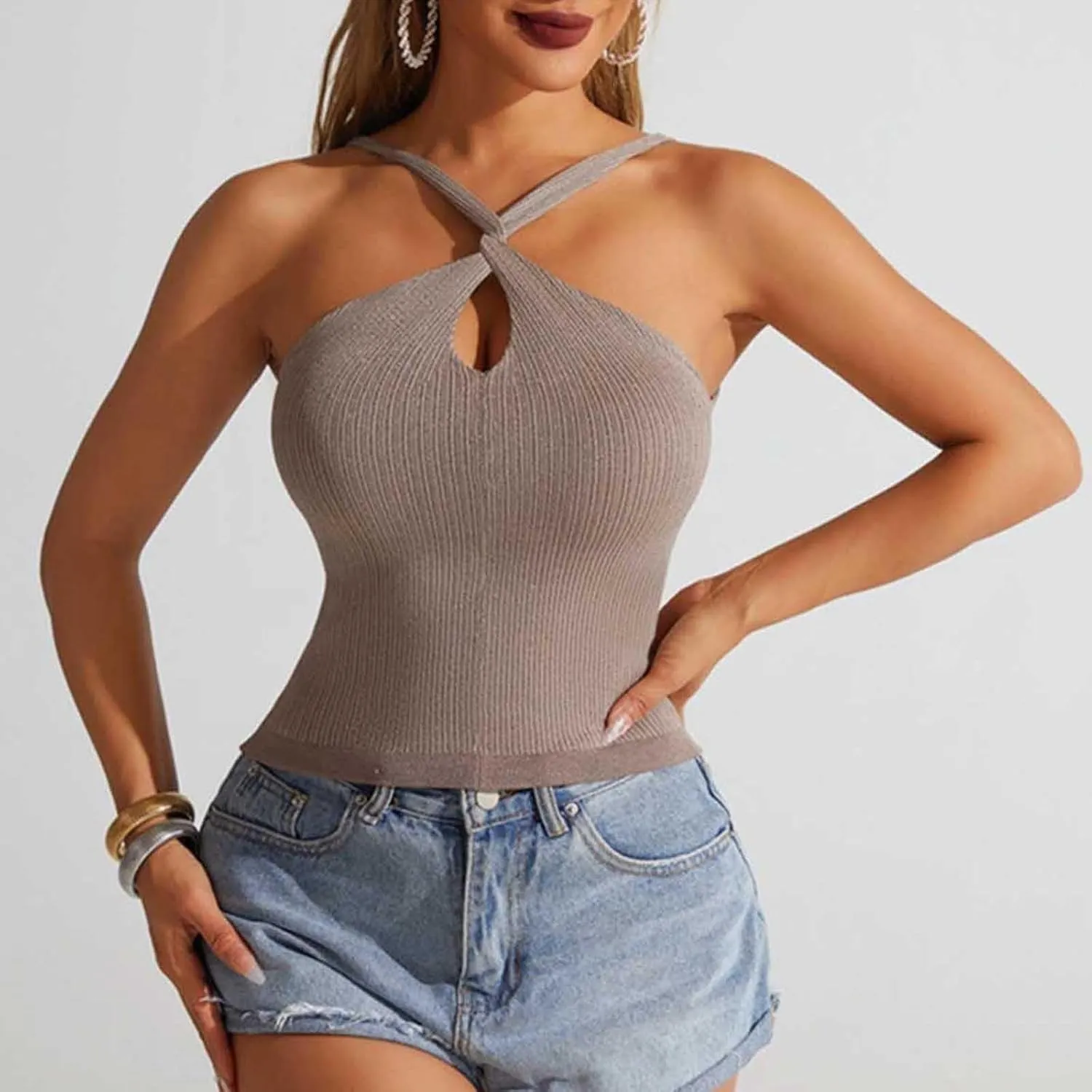 Women's Criss Cross Halter Crop Tops Sexy Keyhole Sleeveless Ribbed Knit Tank Top Summer Casual Slim Y2K Tank Tees