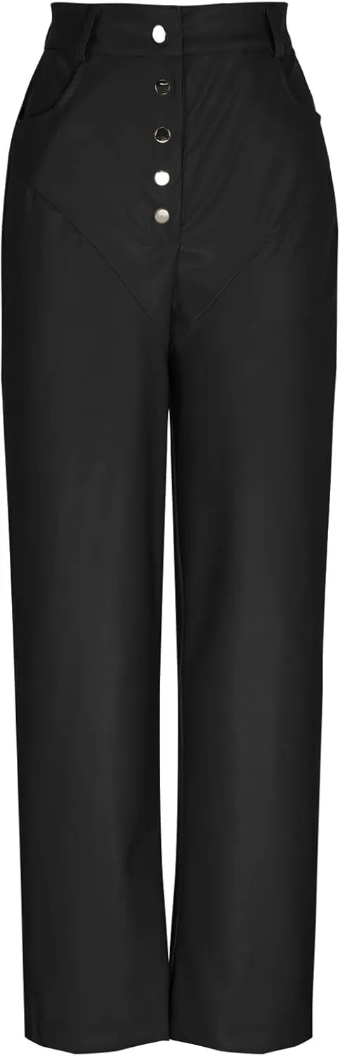 Women's Faux Leather Pants Button PU Pants Straight Wide Leg Trousers with Pockets Leather Leggings Bell Bottom Flare Pants