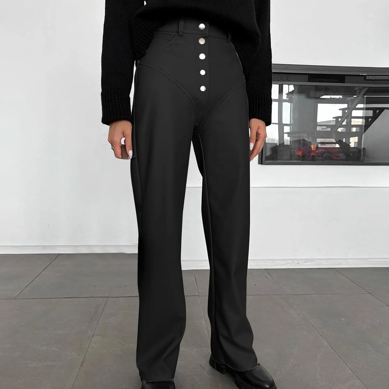 Women's Faux Leather Pants Button PU Pants Straight Wide Leg Trousers with Pockets Leather Leggings Bell Bottom Flare Pants