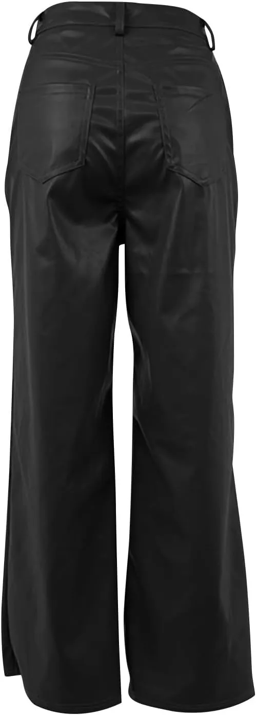 Women's Faux Leather Pants Button PU Pants Straight Wide Leg Trousers with Pockets Leather Leggings Bell Bottom Flare Pants