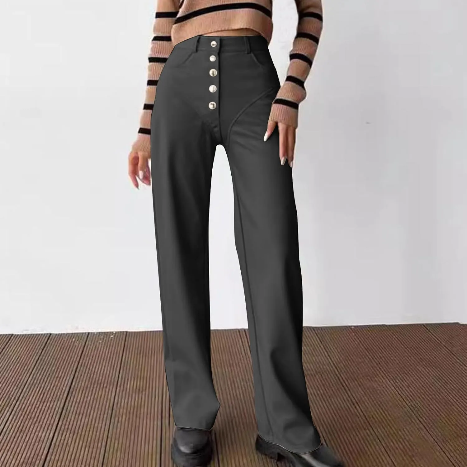 Women's Faux Leather Pants Button PU Pants Straight Wide Leg Trousers with Pockets Leather Leggings Bell Bottom Flare Pants