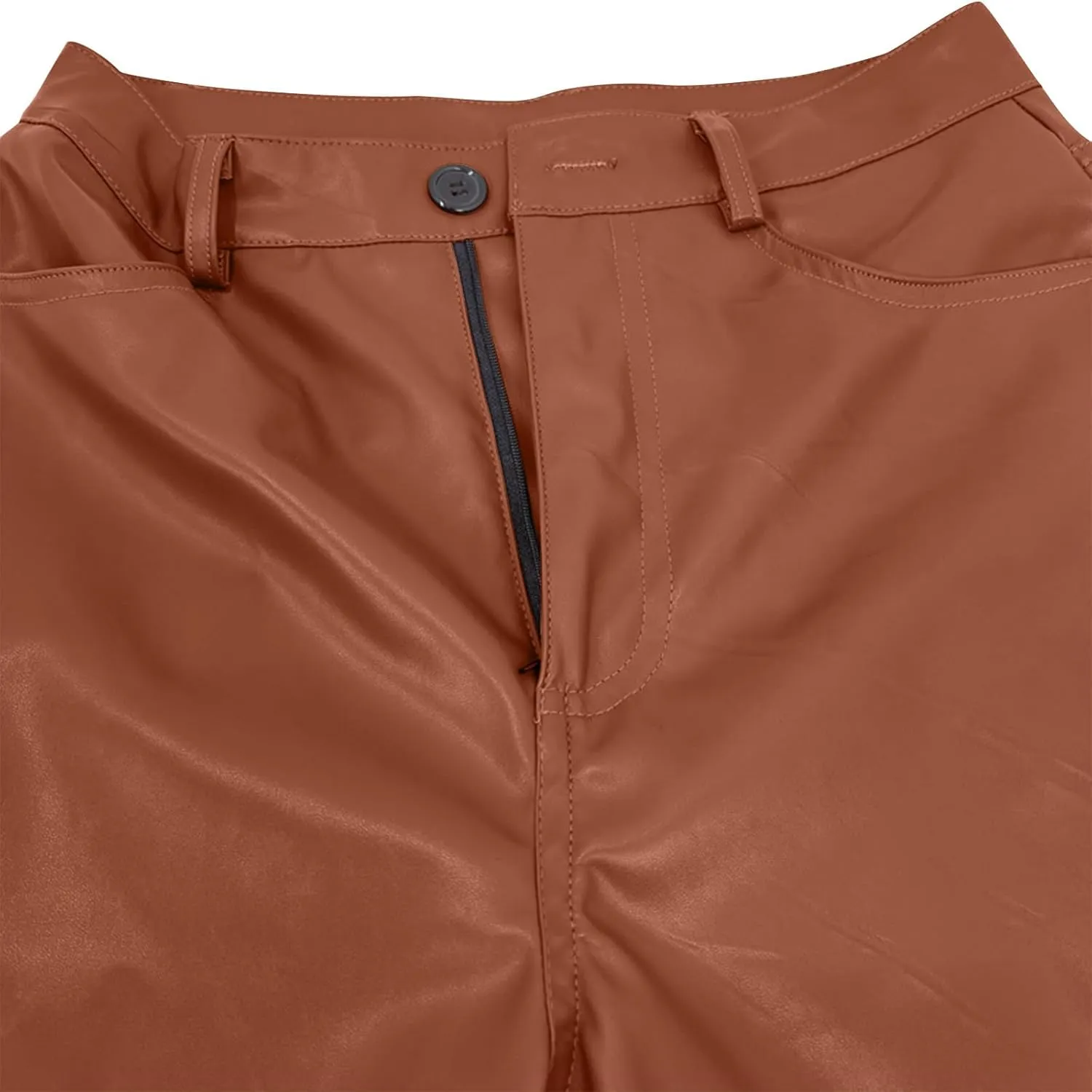 Women's Faux Leather Pants Button PU Pants Straight Wide Leg Trousers with Pockets Leather Leggings Bell Bottom Flare Pants