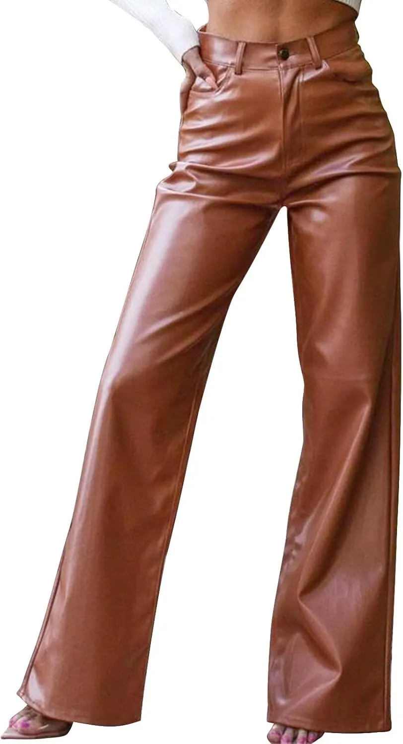 Women's Faux Leather Pants Button PU Pants Straight Wide Leg Trousers with Pockets Leather Leggings Bell Bottom Flare Pants