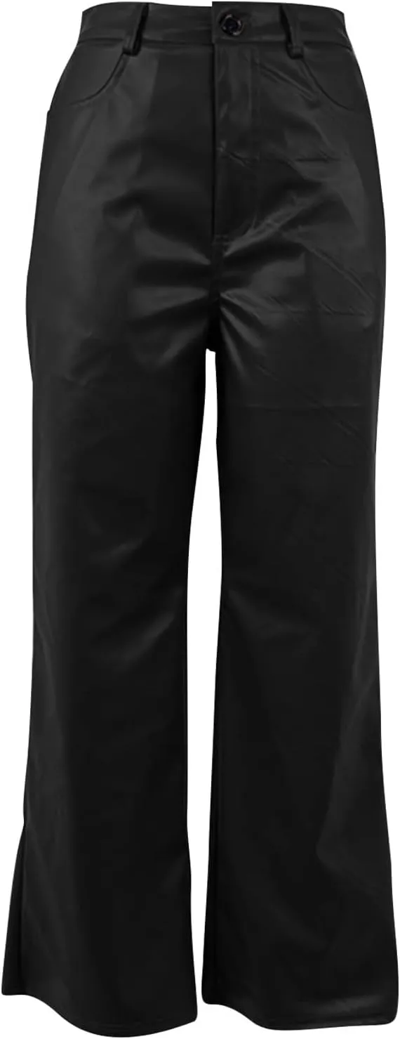 Women's Faux Leather Pants Button PU Pants Straight Wide Leg Trousers with Pockets Leather Leggings Bell Bottom Flare Pants