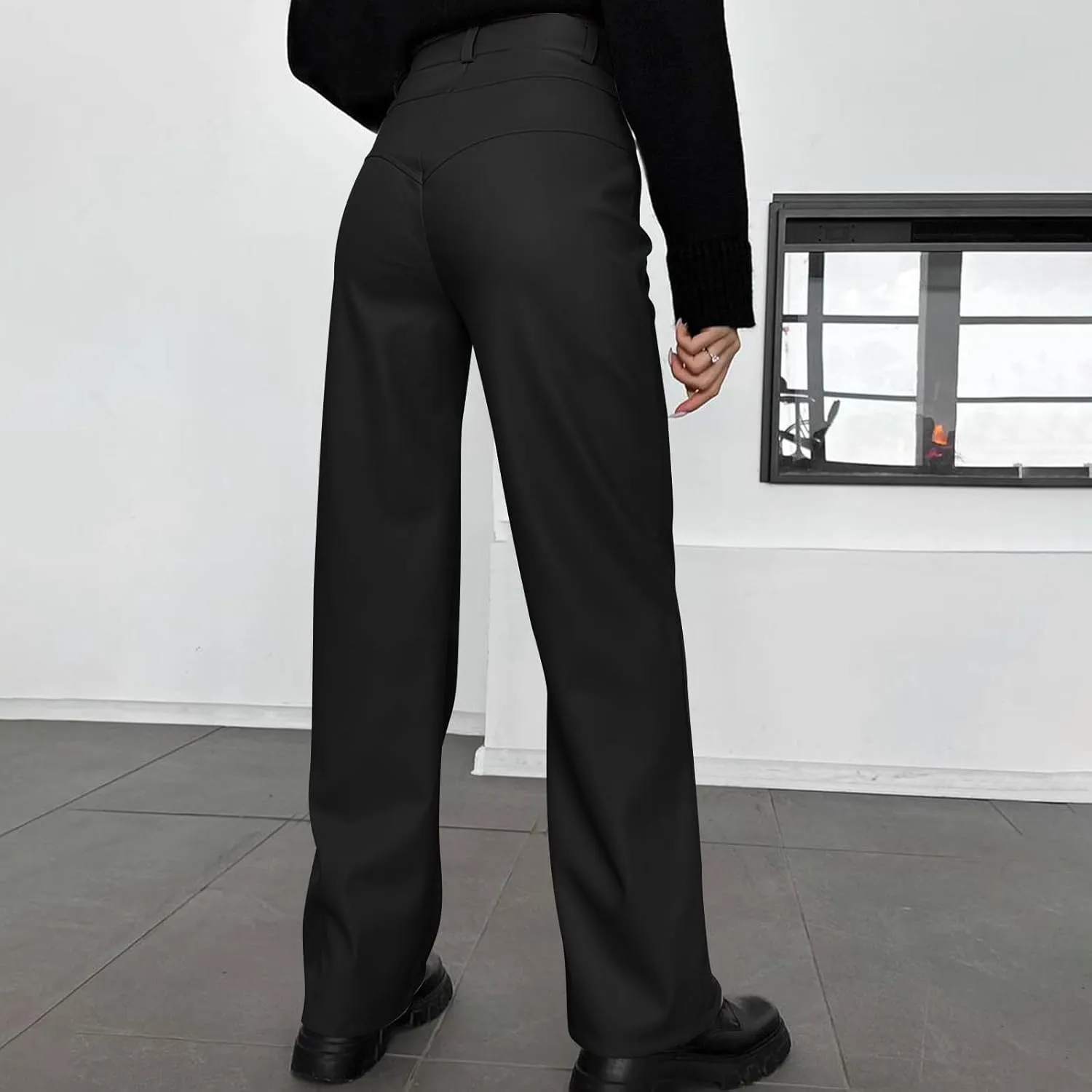 Women's Faux Leather Pants Button PU Pants Straight Wide Leg Trousers with Pockets Leather Leggings Bell Bottom Flare Pants