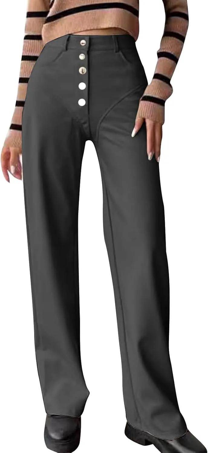 Women's Faux Leather Pants Button PU Pants Straight Wide Leg Trousers with Pockets Leather Leggings Bell Bottom Flare Pants