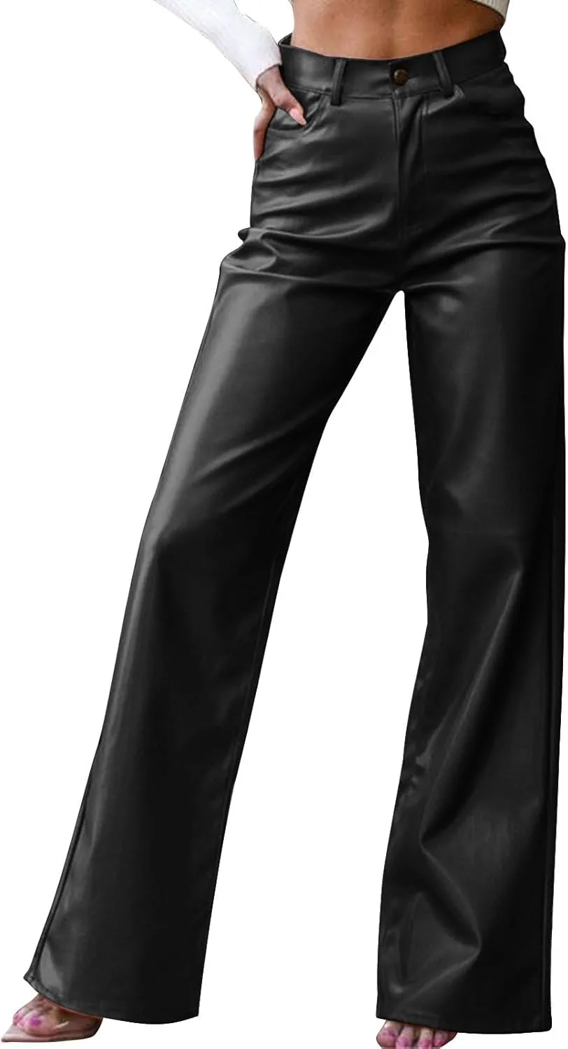 Women's Faux Leather Pants Button PU Pants Straight Wide Leg Trousers with Pockets Leather Leggings Bell Bottom Flare Pants