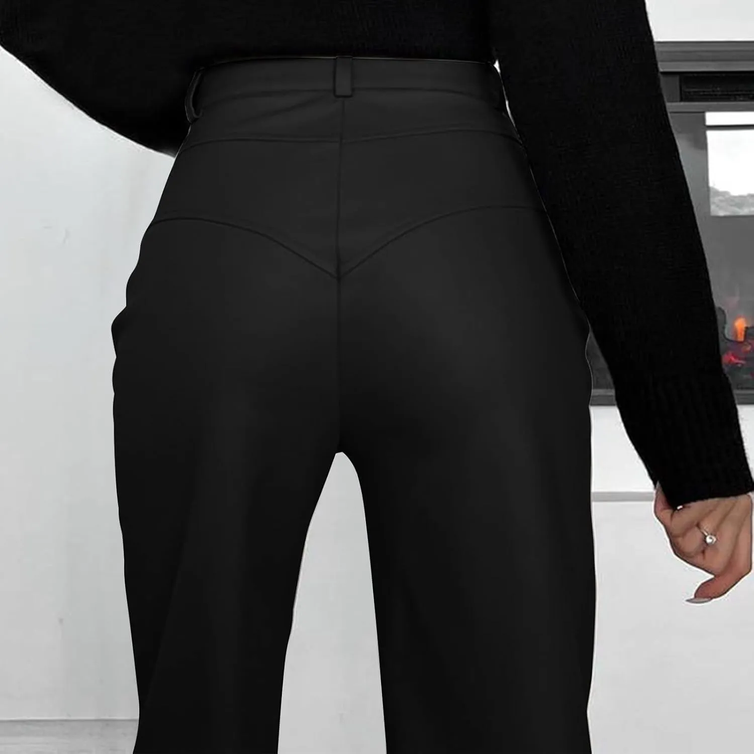 Women's Faux Leather Pants Button PU Pants Straight Wide Leg Trousers with Pockets Leather Leggings Bell Bottom Flare Pants