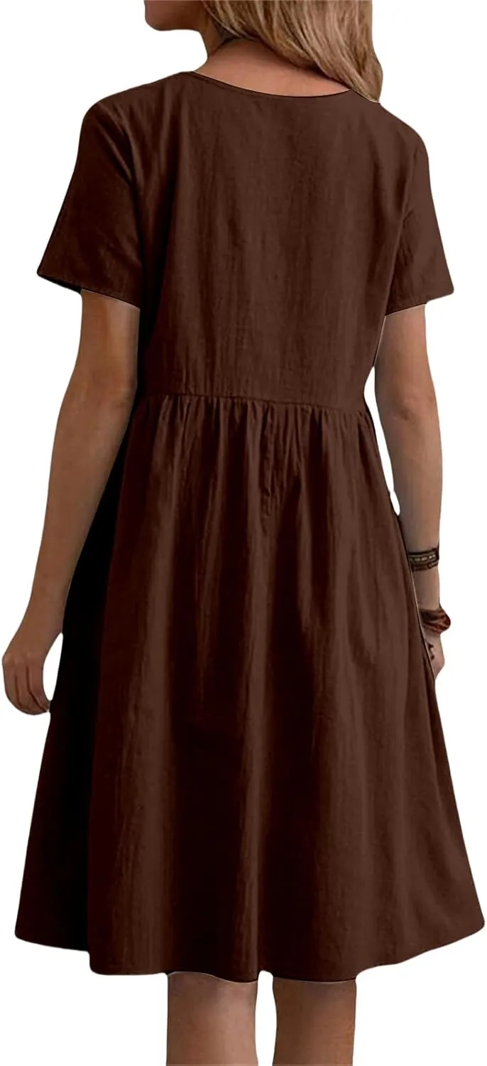 Womens Linen Dresses Casual Crew Neck Short Sleeve Mini Dress Summer Comfy Loose Ruffle Hem Sundress with Pockets