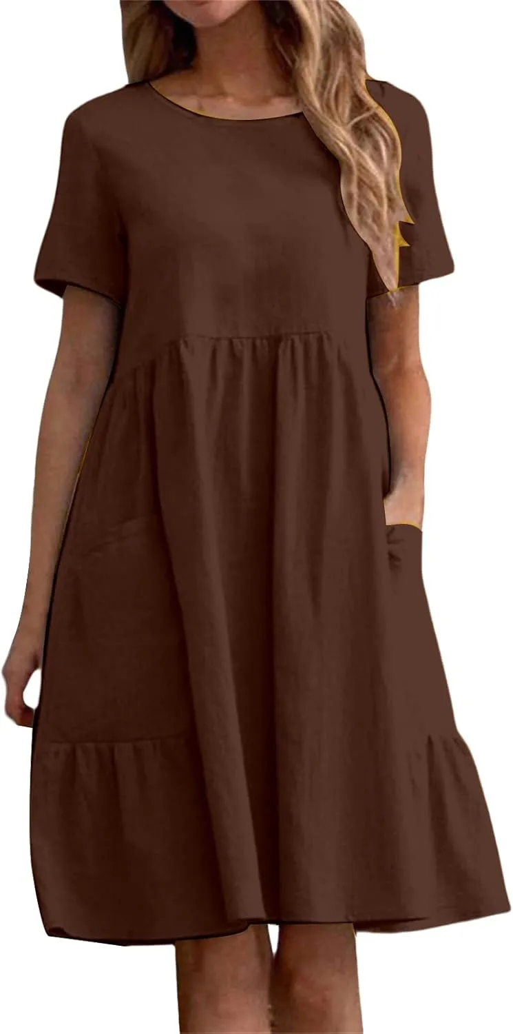 Womens Linen Dresses Casual Crew Neck Short Sleeve Mini Dress Summer Comfy Loose Ruffle Hem Sundress with Pockets
