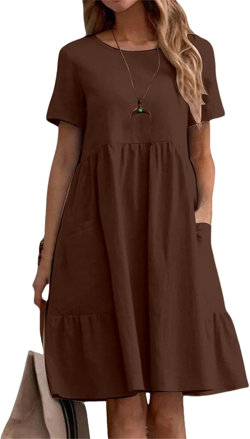 Womens Linen Dresses Casual Crew Neck Short Sleeve Mini Dress Summer Comfy Loose Ruffle Hem Sundress with Pockets