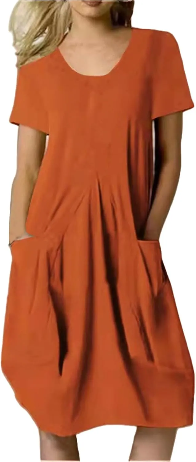 Women's Plus Size Linen Dress Casual Crew Neck Short Sleeve Midi Dress Summer Loose Solid Color Dresses with Pockets