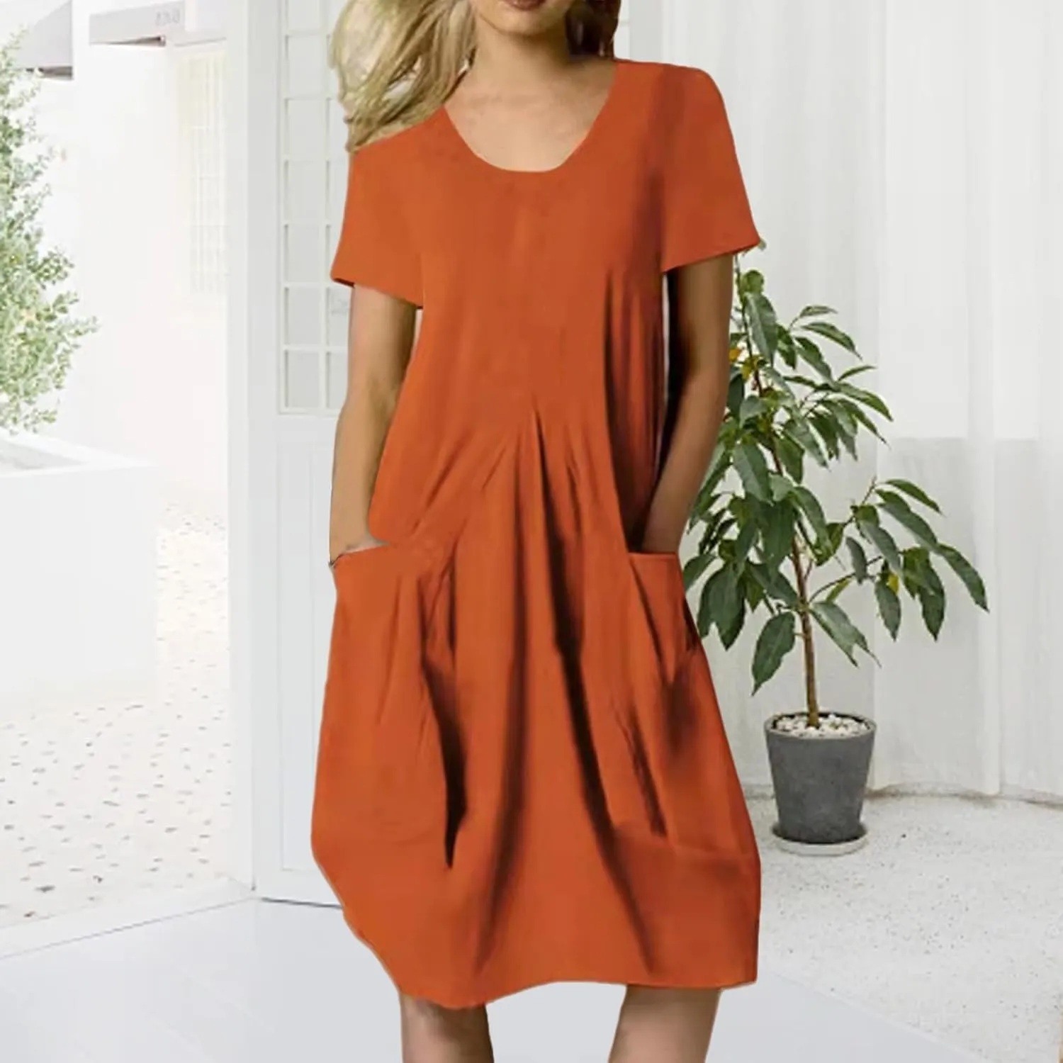 Women's Plus Size Linen Dress Casual Crew Neck Short Sleeve Midi Dress Summer Loose Solid Color Dresses with Pockets