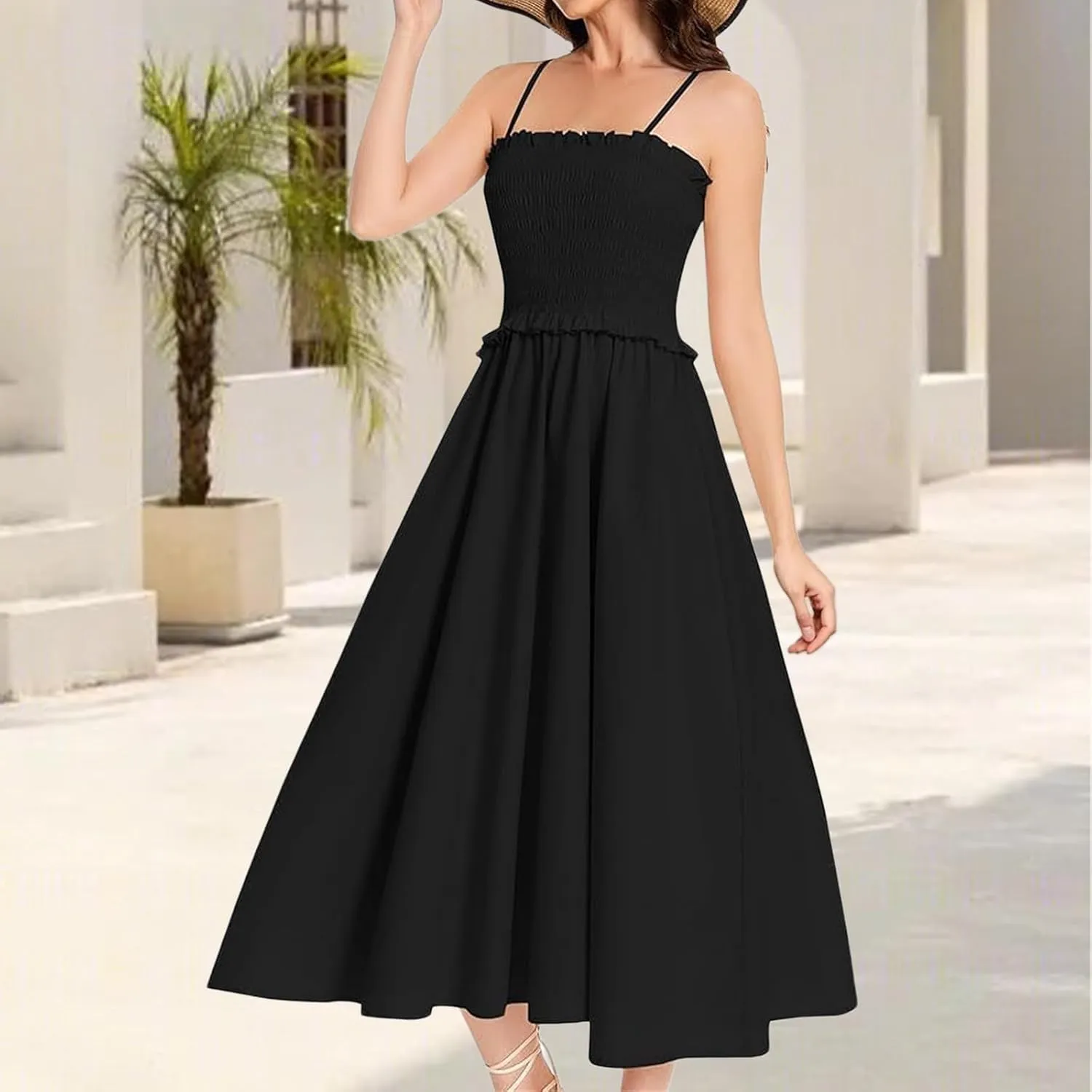 Womens Summer Maxi Dress Sleeveless Spaghetti Strap Smocked Beach Sundress Casual Swing A Line Flowy Long Dresses