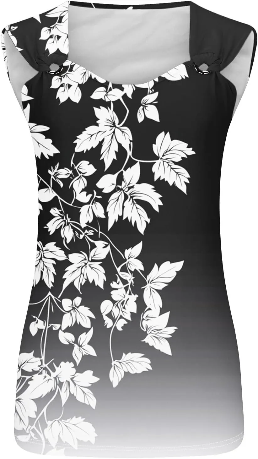 Womens Tank Tops Casual Cropped Casual Fashion V Neck Printed Sleeveless Camisole Summer Vacation Beach Dressy Top