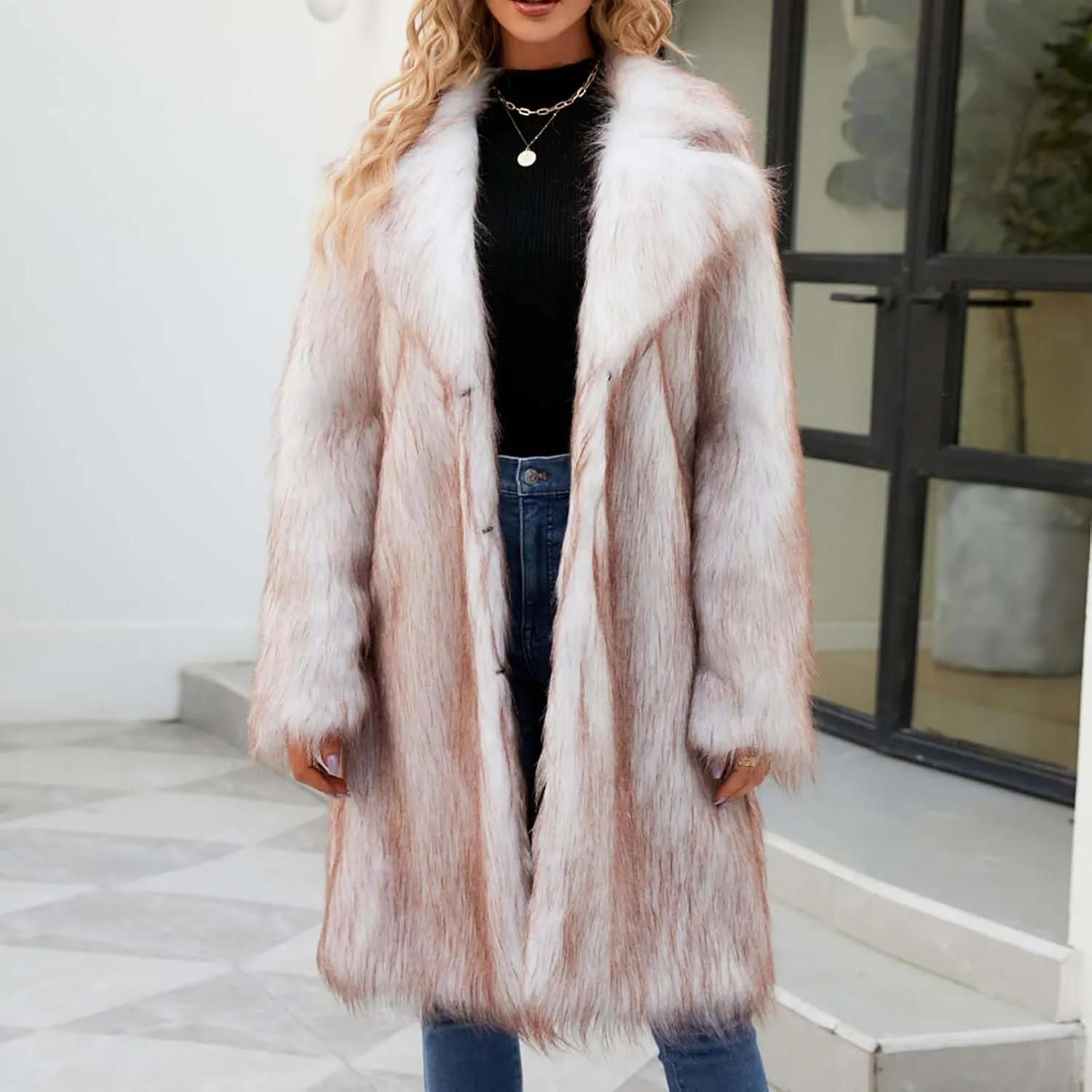 Women's Winter Faux Fur Coats Fuzzy Luxury Faux Fur Mid-Length Jacket Fluffy Thicken Long Sleeve Open Front Cardigan