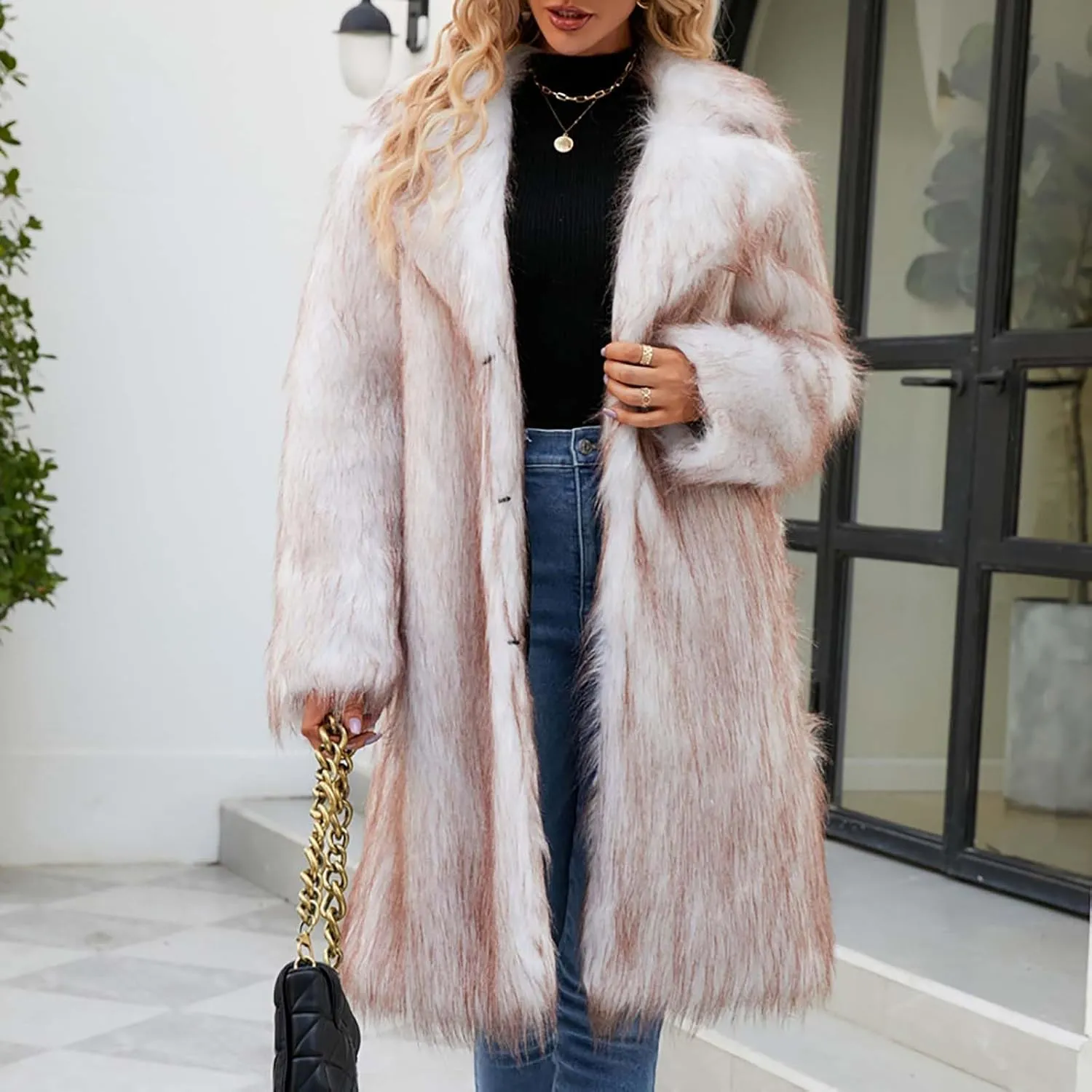 Women's Winter Faux Fur Coats Fuzzy Luxury Faux Fur Mid-Length Jacket Fluffy Thicken Long Sleeve Open Front Cardigan