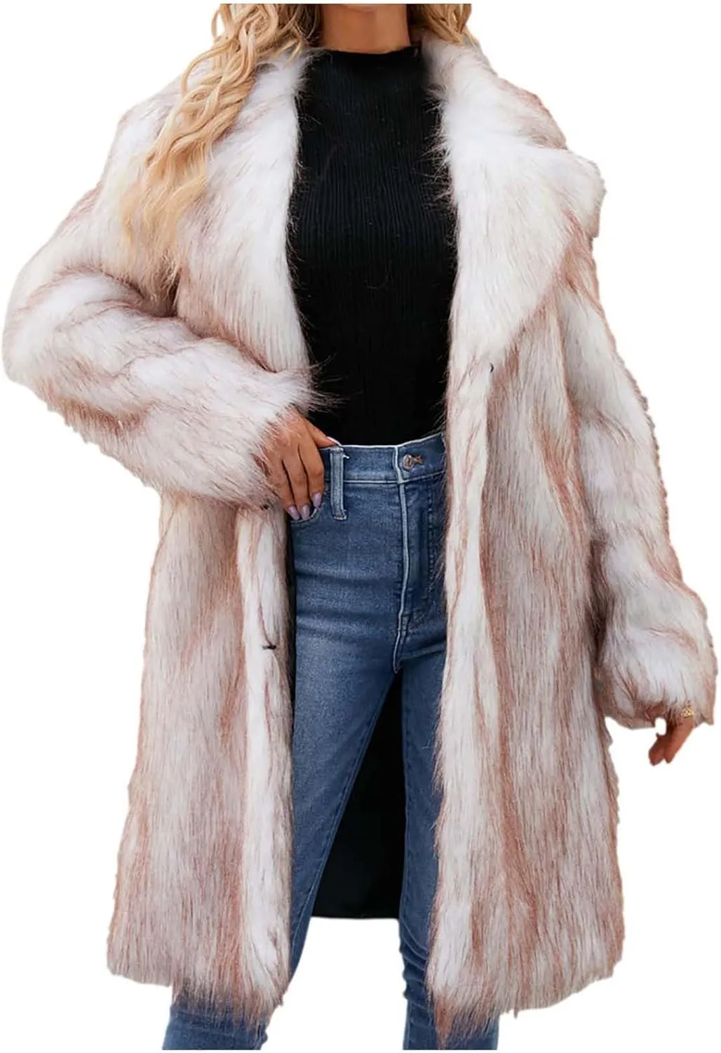 Women's Winter Faux Fur Coats Fuzzy Luxury Faux Fur Mid-Length Jacket Fluffy Thicken Long Sleeve Open Front Cardigan
