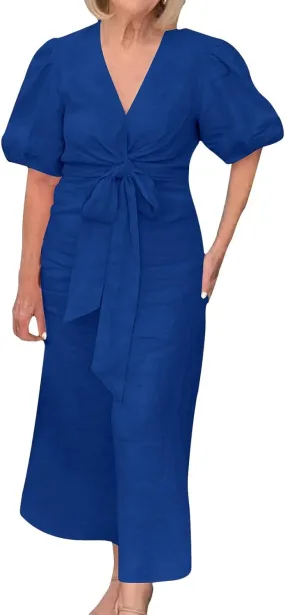 XOWRTE Womens Elegant V Neck Cocktail Ruffle Puff Sleeve Wrap Ruched Party Midi Dress Bodycon Work Business Sheath Dress