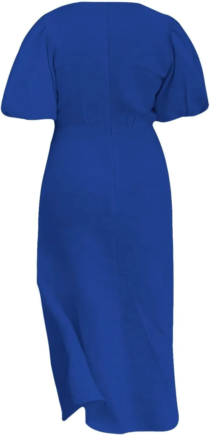 XOWRTE Womens Elegant V Neck Cocktail Ruffle Puff Sleeve Wrap Ruched Party Midi Dress Bodycon Work Business Sheath Dress