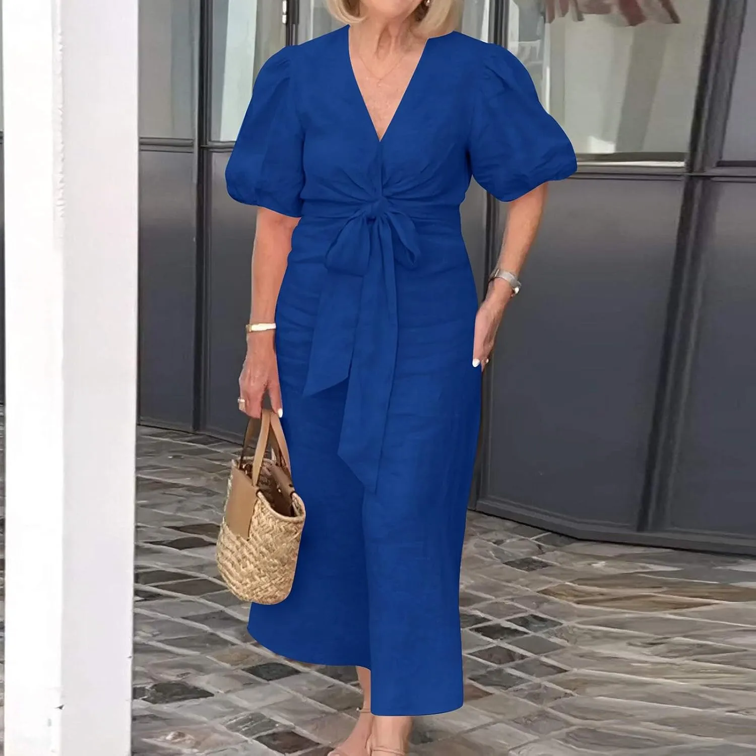 XOWRTE Womens Elegant V Neck Cocktail Ruffle Puff Sleeve Wrap Ruched Party Midi Dress Bodycon Work Business Sheath Dress