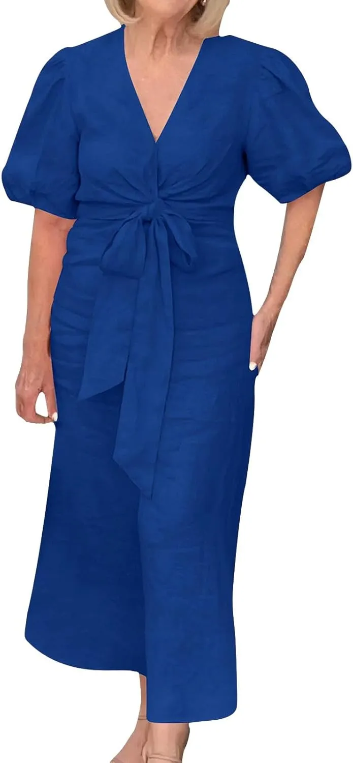 XOWRTE Womens Elegant V Neck Cocktail Ruffle Puff Sleeve Wrap Ruched Party Midi Dress Bodycon Work Business Sheath Dress