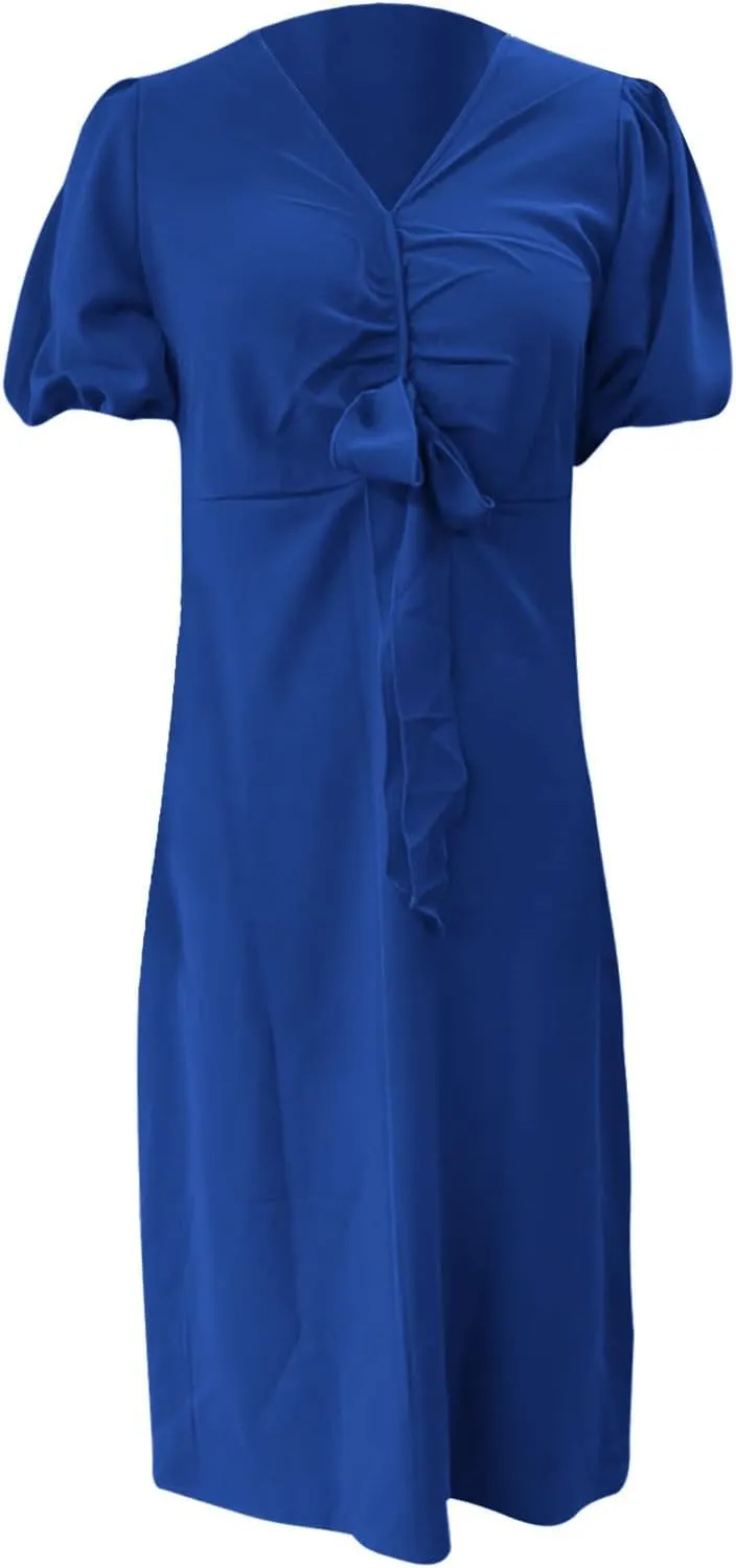 XOWRTE Womens Elegant V Neck Cocktail Ruffle Puff Sleeve Wrap Ruched Party Midi Dress Bodycon Work Business Sheath Dress